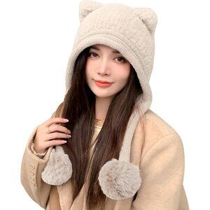 Women Creame Winter Sherpa Beanie Hats Knit Ear Flaps Peruvian Cover Ears